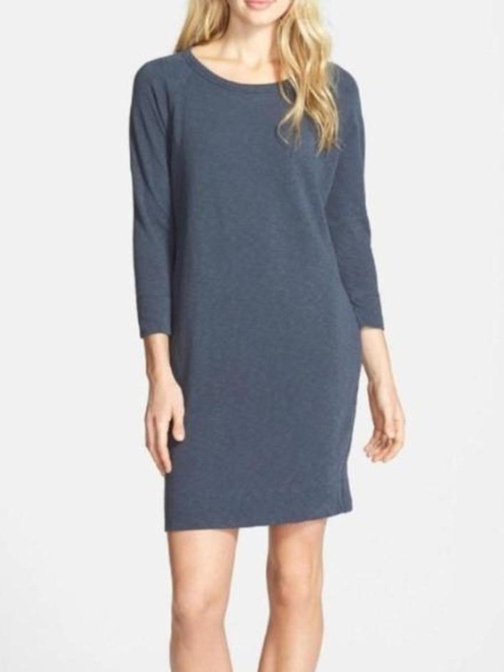 James Perse French Terry Dress S Gray Blue Raglan 3/4 Sleeve Sweaterdress Casual